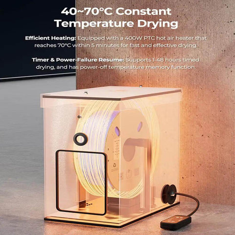 Multi-Kilo Filament Dryer For 1kg To 5kg Spools, Heats Up To 70 Celsius, Fireproof And Moisture-Proof Enclosure, Compatible With PLA PETG TPU ABS Filaments, Detachable Heating Module For Hassle-Free DIY Setup.