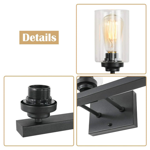 Industrial Vintage Vanity Light Wall Sconce Two Lights Black Finish With Clear Glass Shades Over Mirror Ideal For Hallway Kitchen Living Room And Bedroom Dope Modern Farmhouse Style showing fixture details