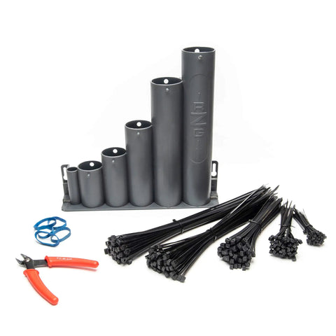 Magnetic Base Cable Tie Organizer with 250 Zip Ties and Cutter showing grey tubes, red cutter, and black ties.