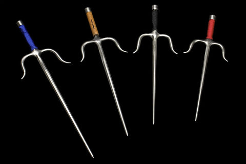Pro Grade Kobudo Sais Made From Stainless Steel With Octagonal Blue String Grip Pair 20.5 Inch Length Handmade In Europe Authentic Martial Arts Training Weapons For Practice And Demonstration with various colored grips on black background