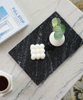 Top view of a Natural Black Marble Cutting Board 12 By 8 Inch Real Stone Slab For Kitchen Counter And Cheese Board Elegant Marble Serving Tray.