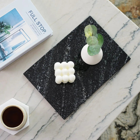 Top view of a Natural Black Marble Cutting Board 12 By 8 Inch Real Stone Slab For Kitchen Counter And Cheese Board Elegant Marble Serving Tray.