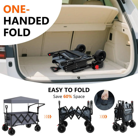 3 In 1 Collapsible Foldable Wagon With 300 Lbs Capacity And 150 L Heavy Duty Utility Cart Removable Canopy folded in car trunk