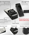Image of Dual Protection Door Lock Alarm Kit showing door stop alarm with wedge design and non-skid pad, labeled features.