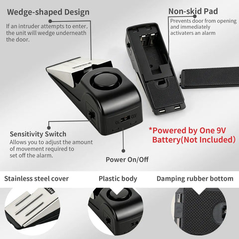 Image of Dual Protection Door Lock Alarm Kit showing door stop alarm with wedge design and non-skid pad, labeled features.