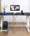 Modern White Gaming Desk Featuring A Built In Phone Slot And Side Storage Shelf, ergonomic layout, black surface with gaming setup
