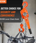 VEVOR manual lever chain hoist, orange, front view, lifting a bike frame with steel chain and hook