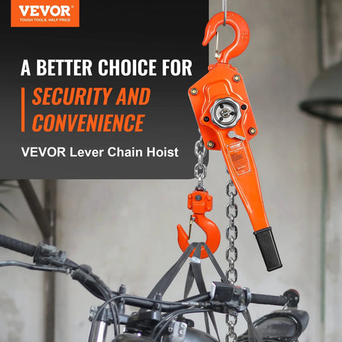 VEVOR manual lever chain hoist, orange, front view, lifting a bike frame with steel chain and hook