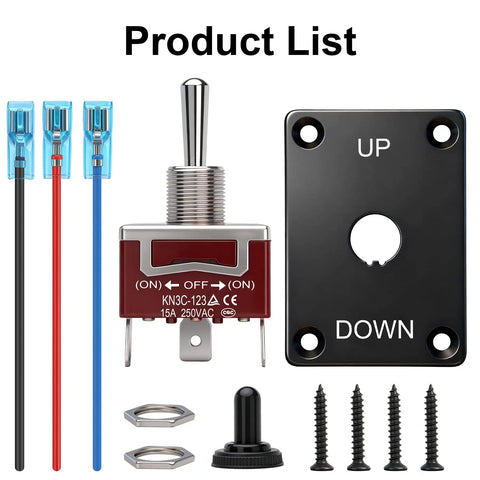 Momentary Toggle Switch 12V 30A SPDT 3 Pin On Off On Waterproof Marine Panel Mount With Cable Cap Weatherproof Construction Built For Boat Winch Auto Truck RV And Beefy Heavy Duty Ten Thousand Cycles, with wiring, plate, cap, nuts, and screws