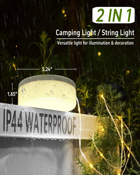 All In One Solar Camping Lantern And String Lights With 150 Warm White LEDs, 39.4 Ft Fairy String Light on wet surface