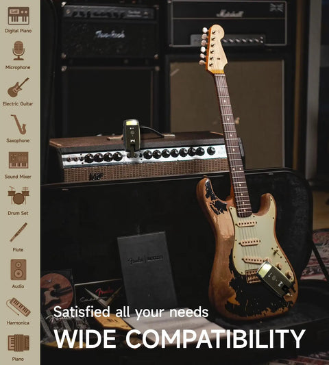 RGB Lighting Wireless Guitar System With 230 Ft Range For Guitars And Basses on amp with guitar, suitable for stage and studio.