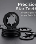 660 Piece Internal Tooth Star Lock Washer Set Nine Metric Sizes M2 Through M12 In 65Mn Steel Black Oxide For Unthreaded Shafts Perfect For DIYers Home Repairs And Pro Projects Like Lawn Mowers And Strollers. Black internal tooth star lock washers stacked for secure fastening on unthreaded shafts.