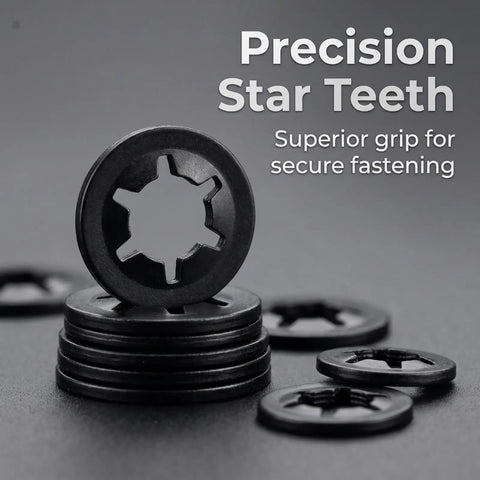 660 Piece Internal Tooth Star Lock Washer Set Nine Metric Sizes M2 Through M12 In 65Mn Steel Black Oxide For Unthreaded Shafts Perfect For DIYers Home Repairs And Pro Projects Like Lawn Mowers And Strollers. Black internal tooth star lock washers stacked for secure fastening on unthreaded shafts.