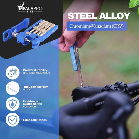 Person using Lightweight 20 In 1 Bike Multitool Kit With Chain Breaker For MTB Repairs, chrome vanadium tools, on a bike handlebar.