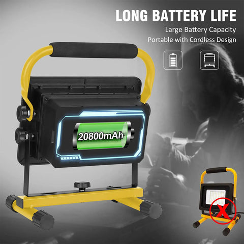GoTo 60W LED Work Light Cordless Floodlight showing 20800mAh battery capacity, yellow handle and stand, indoors backdrop.