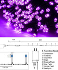 Purple 66 Foot 200 LED String Lights With 8 Modes showing diagram and glowing purple LEDs for Christmas tree wedding party decor