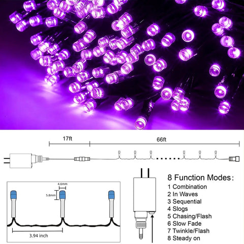 Purple 66 Foot 200 LED String Lights With 8 Modes showing diagram and glowing purple LEDs for Christmas tree wedding party decor
