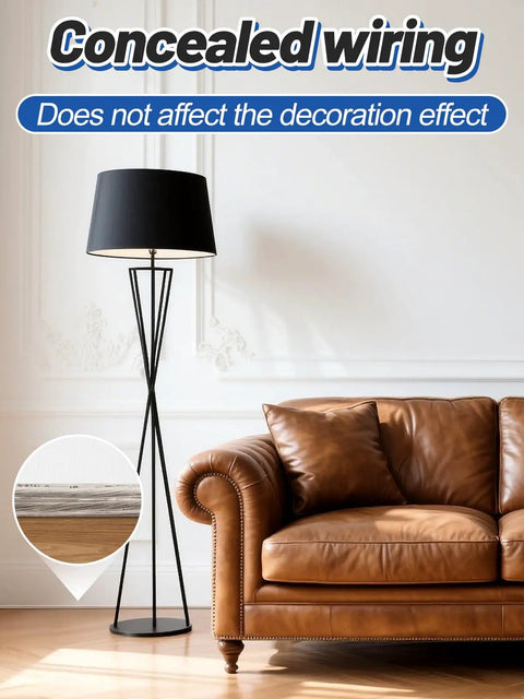 Clear 3 Prong Extension Cord, 10 Ft Indoor Power Cable, UL Certified, concealed under living room carpet for neat decor.