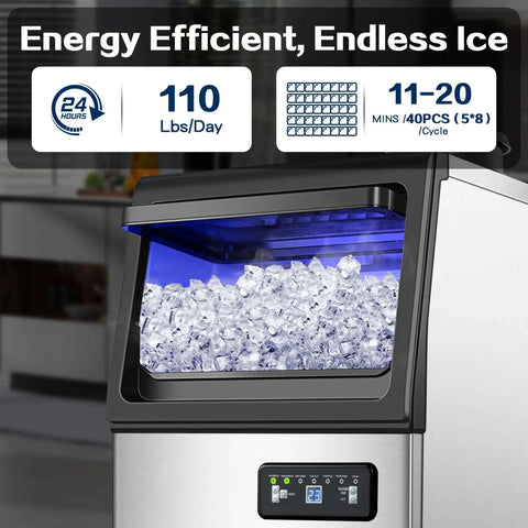 Commercial Ice Maker Delivers 110 Lbs Per Day With Quiet Operation visible with ice storage, stainless steel design.