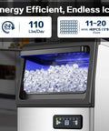 Commercial Ice Maker Machine Delivers 110 Lbs Per Day With Undercounter Or Freestanding Design 22 Lbs Storage Bin Stainless Steel Self Cleaning Quiet Operation Pro Grade For Home Bar Restaurant Coffee Shop showing ice production and display panel