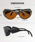 Workhorse OD5 Eye Protection Goggles with dimensions, side and front view, broad spectrum 190-540nm and 800-1700nm laser safety