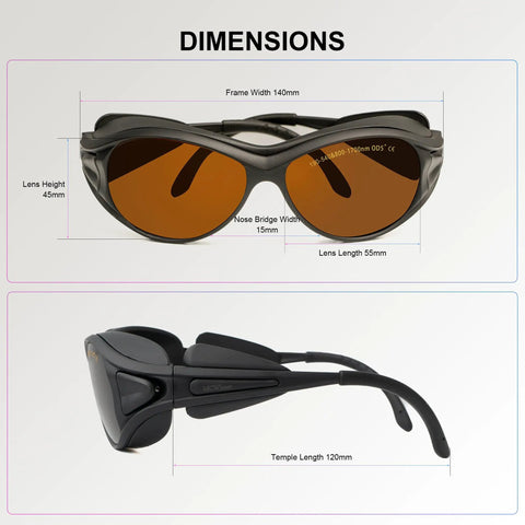 Workhorse OD5 Eye Protection Goggles with dimensions, side and front view, broad spectrum 190-540nm and 800-1700nm laser safety