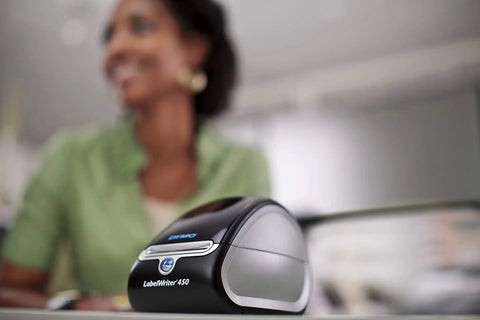 No Sweat Direct Thermal Label Printer With Zero Ink Hassles displaying on a desk in an office setting.