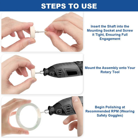Steps for using the 115 Piece Polishing Buffing Wheel Set For Dremel Tools 1 Eighth Inch Shank Pro Grade Wool Buffers