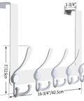 Front view of white over the door hook rack with five tri hooks for towels and clothes, fits doors 1 3/8 to 1 3/4 inches thick.