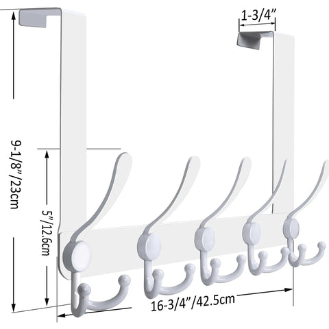 Front view of white over the door hook rack with five tri hooks for towels and clothes, fits doors 1 3/8 to 1 3/4 inches thick.