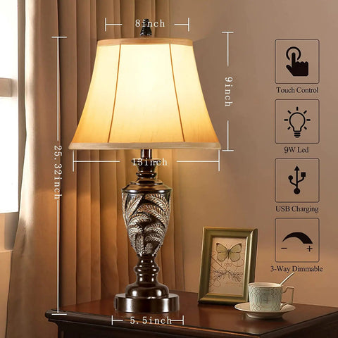 Farmhouse Table Lamp Set Of 2 With 3 Way Dimming Vintage Bedside Lamps With USB Ports And Included LED Bulbs For Bedroom Or Living Room End Tables No Fuss USB Charging For Cabin Decor, shown on desk with dimensions