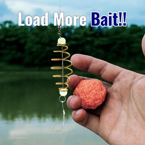 Hand holding Glow In The Dark Fishing Bait Cage Set With 30 Pcs Spring Feeder Rig Bait Holders for night fishing in freshwater.