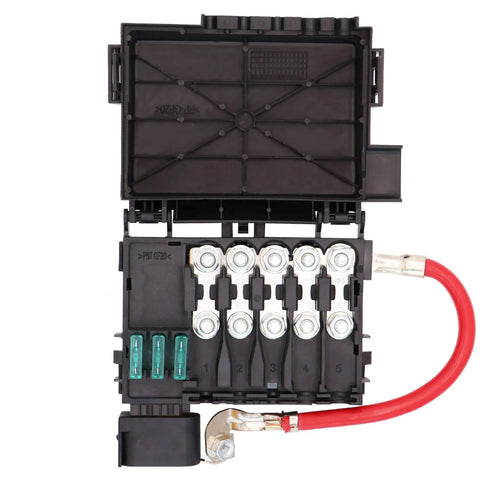 Slick Battery Fuse Box Terminal With Three Pin Wiring Harness Pigtail Connector For 99 04 VW Beetle Jetta Golf MK4 Bora Heavy Duty ABS Housing. Close-up view.