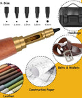 Heavy Duty Brass Leather Hole Punch With A Comfy Wooden Handle Ships Fully Loaded With Six Precision Drill Bits, showing punch sizes and materials.