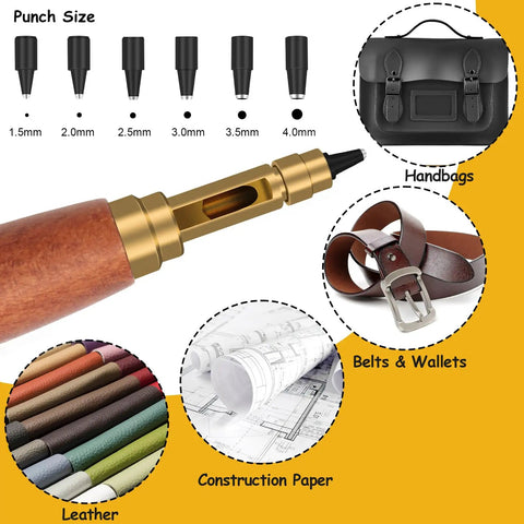 Heavy Duty Brass Leather Hole Punch With A Comfy Wooden Handle Ships Fully Loaded With Six Precision Drill Bits, showing punch sizes and materials.