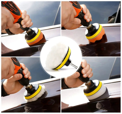 Pro Grade 22 Piece Drill Buffing Pads Kit For Car Polishing with 3 inch foam pads and wool buffers in use on car surface.