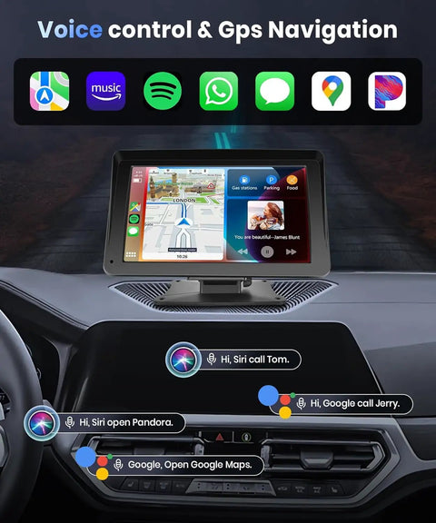 7 Inch Portable Car Stereo With Wireless CarPlay And Android Auto showing navigation and app icons on dashboard