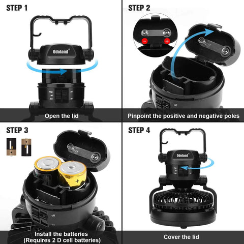 Portable LED Camping Lantern With Built In Ceiling Fan For Emergency Use Keeps Your Campsite Lit And Cool At Night With USB Rechargeable Power For Any Outdoor Adventure setup steps