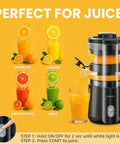 Keerain Electric Orange Juicer Hand-Free Citrus Squeezer with 100W Motor And Cleaning Brush next to fresh juices from oranges, lemons, and limes.
