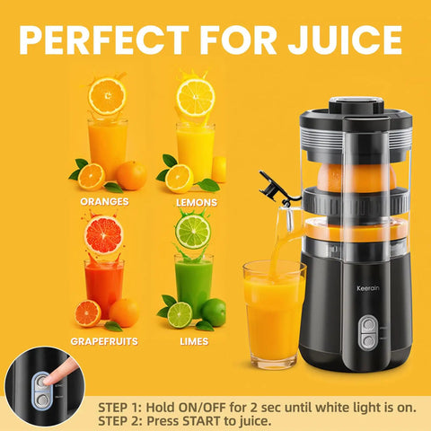 Keerain Electric Orange Juicer Hand-Free Citrus Squeezer with 100W Motor And Cleaning Brush next to fresh juices from oranges, lemons, and limes.