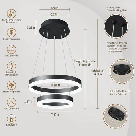 Diagram of Two Ring Modern LED Chandelier In Black, Sleek Contemporary Ceiling Pendant Light specifications and features.