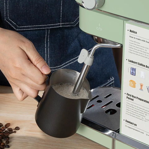 12Oz Stainless Steel Milk Frothing Pitcher with V-Shaped Spout and Teflon Coating in use on espresso machine