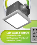 Dual Speed Bathroom Exhaust Fan With Dimmable LED Light And Humidity Sensor, Smart Moisture Activated Vent shown with LED wall switch