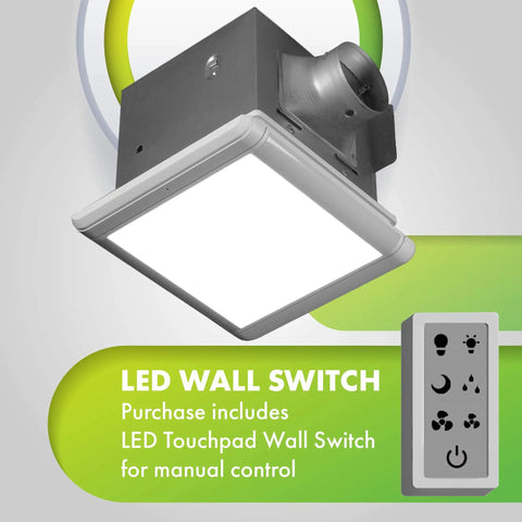 Dual Speed Bathroom Exhaust Fan With Dimmable LED Light And Humidity Sensor, Smart Moisture Activated Vent shown with LED wall switch