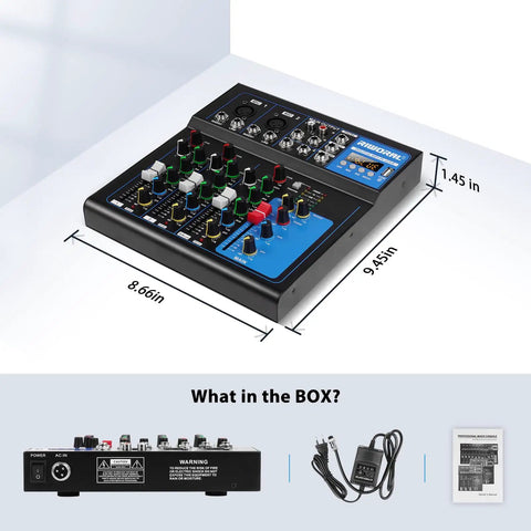 Angled view of 4 Channel USB Audio Interface Mixer With Built In Bluetooth MP3 Player And 48V Phantom Power showing dimensions