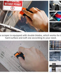 Pro Grade Double Edge Razor Scraper Kit With 30 Replacement Blades being used to remove a sticker from a window.