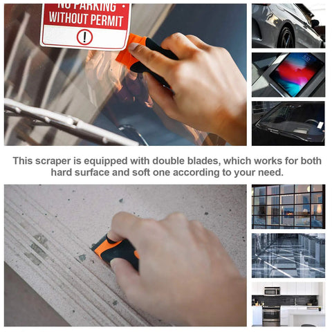 Pro Grade Double Edge Razor Scraper Kit With 30 Replacement Blades being used to remove a sticker from a window.