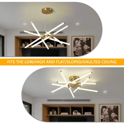 Modern Gold LED Chandelier, 10 Light Linear Art Deco Fixture For Dining Room, Living Room, And Bedroom, DIY Install, Warm White 4000K