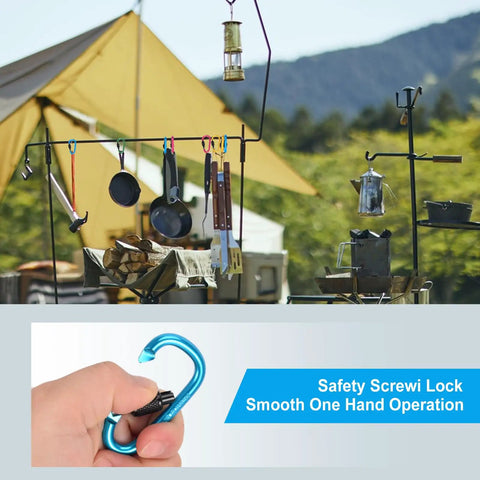 Durable Aluminum D Ring Carabiners With Screw Gate Clips 10 Pack Multicolor for outdoor gear organization shown in campsite scene