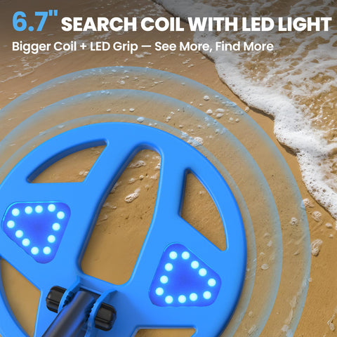Blue 6.7-inch LED-lit search coil for DR.ÖTEK kids metal detector on beach